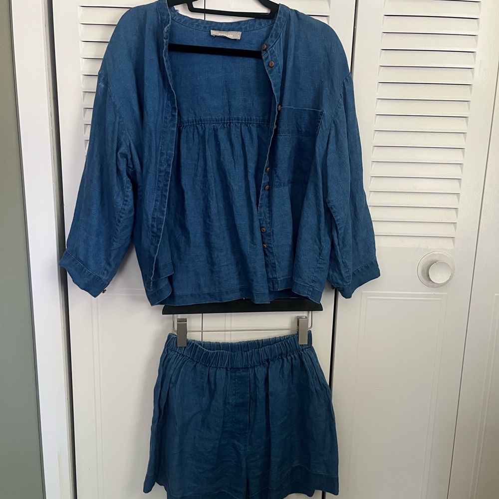 Everlane Blue Line Button-Up Top and Easy Short Set